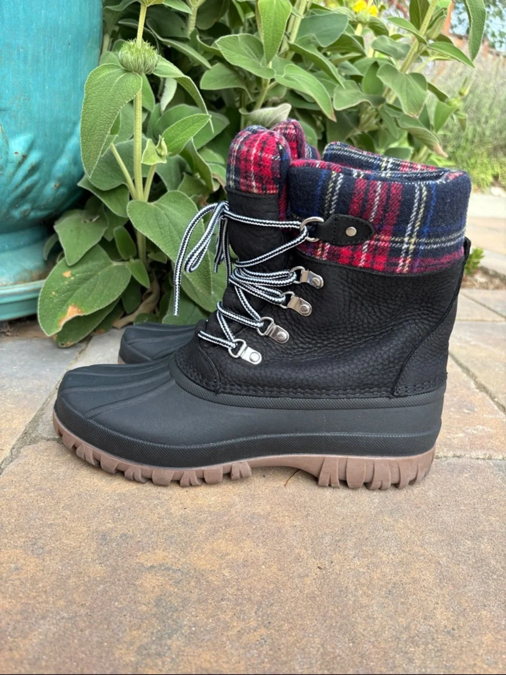 J. Crew Black Duck Boots with Red & Blue‎ Plaid Cuff